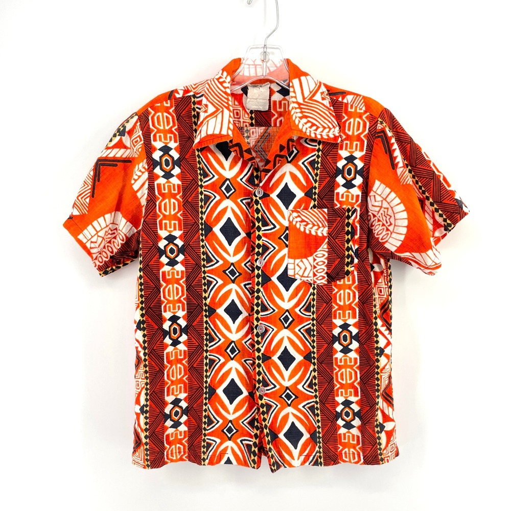 VTG 70s Orange Tribal Print Hawaiian‎ Barkcoth Shirt Short Sleeve Mens Small